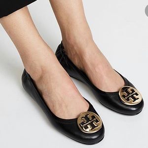 Black & Gold Tory Burch Reva Ballerina Flats, 8